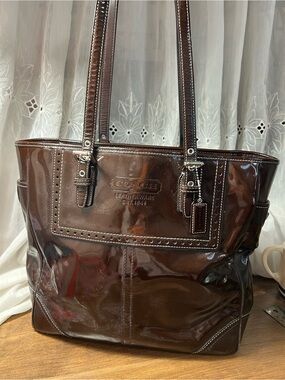 Coach Dark Brown Patent Leather Tote with Stud Detailing